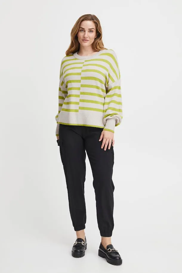 2456- Green/Beige Stripped Round-neck Jumper- Fransa