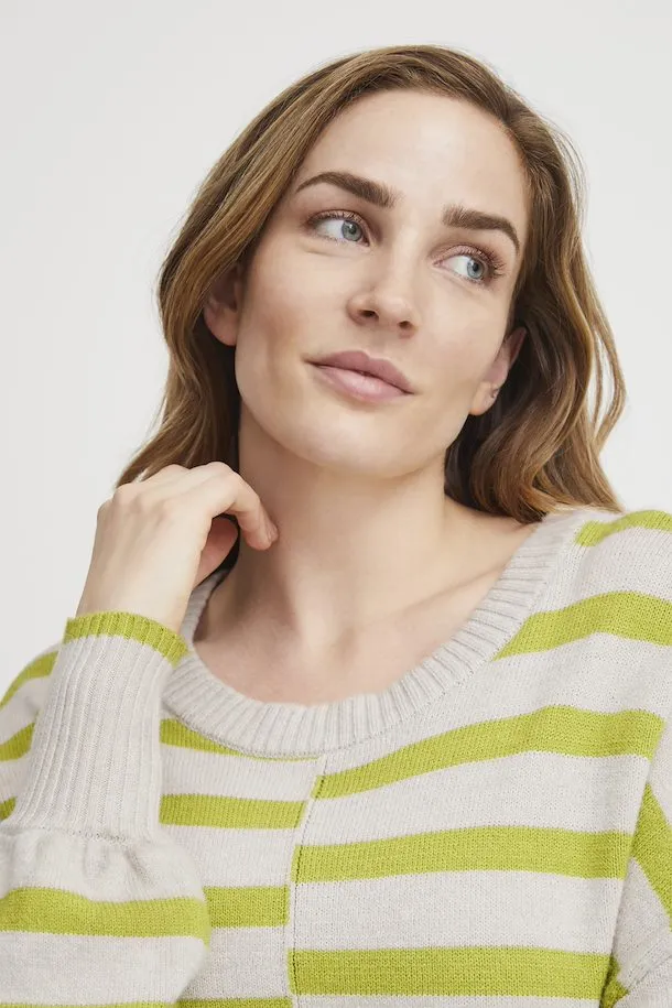 2456- Green/Beige Stripped Round-neck Jumper- Fransa