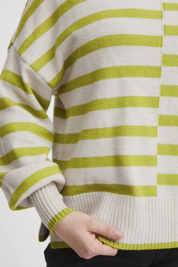 2456- Green/Beige Stripped Round-neck Jumper- Fransa