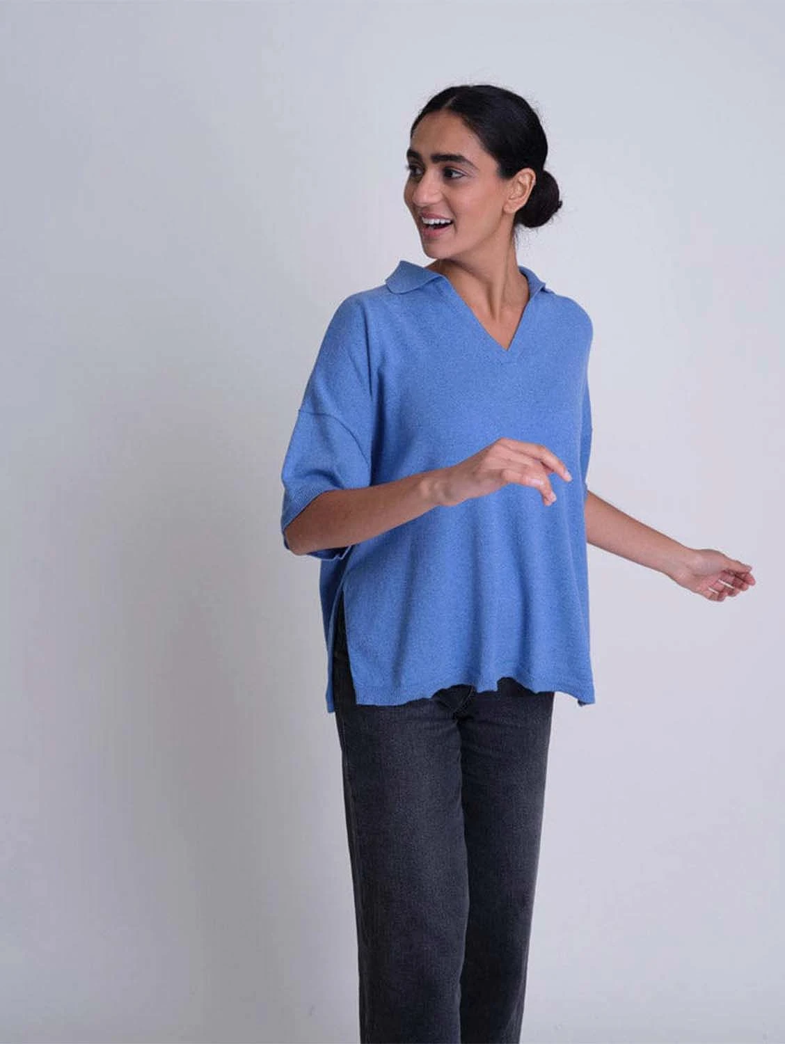 Alicia Organic Cotton Oversized Polo Neck Jumper | Blue Melange