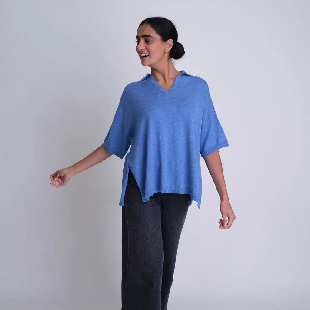 Alicia Organic Cotton Oversized Polo Neck Jumper | Blue Melange