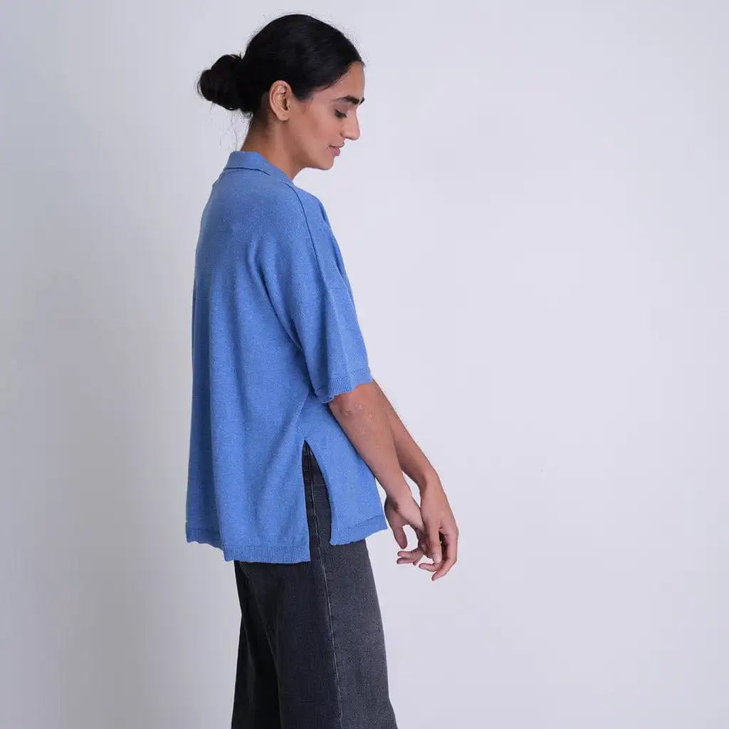 Alicia Organic Cotton Oversized Polo Neck Jumper | Blue Melange