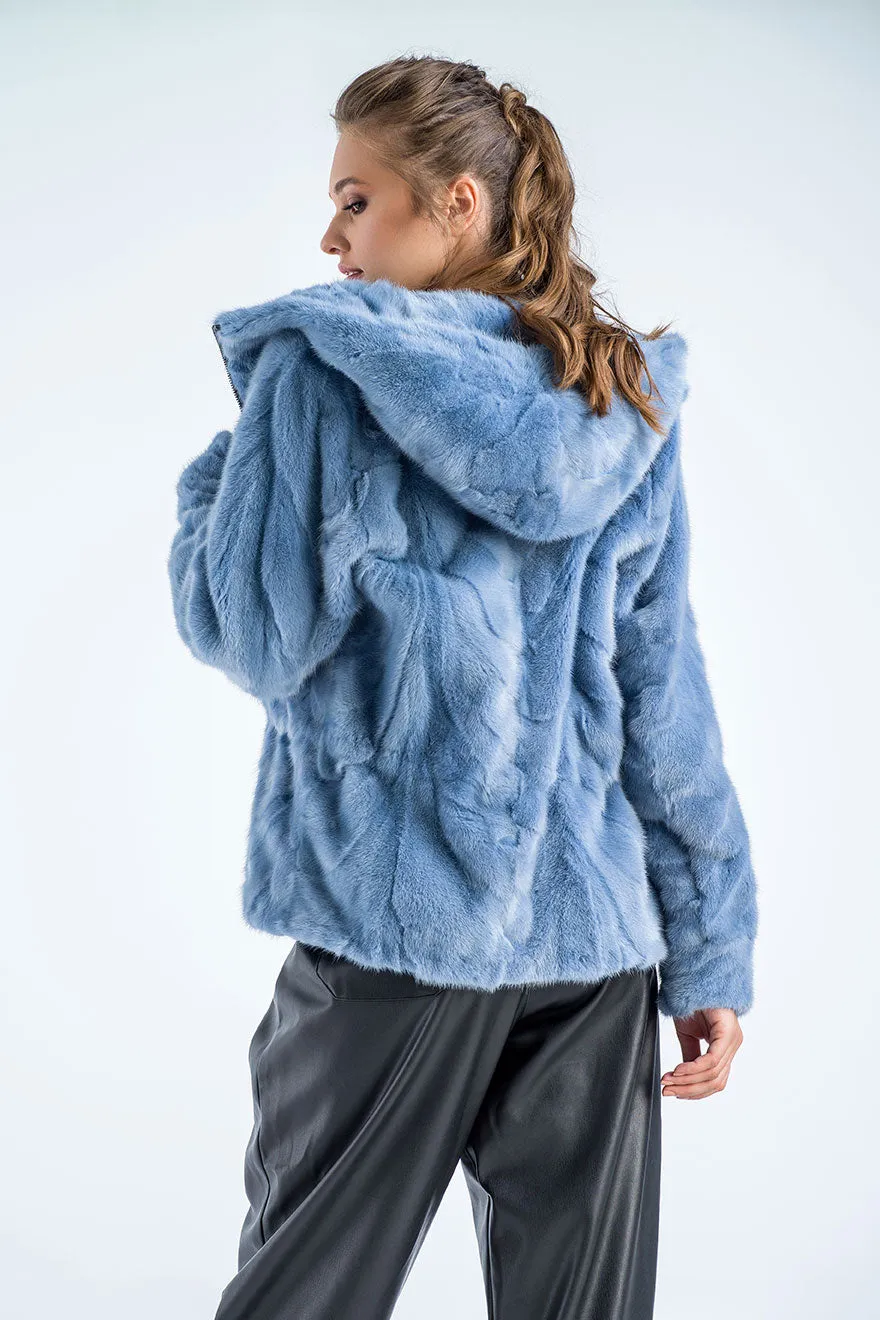 Blue Genuine Mink Fur Hooded Jacket