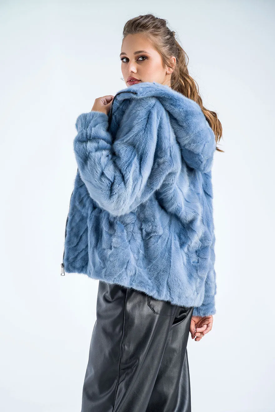 Blue Genuine Mink Fur Hooded Jacket