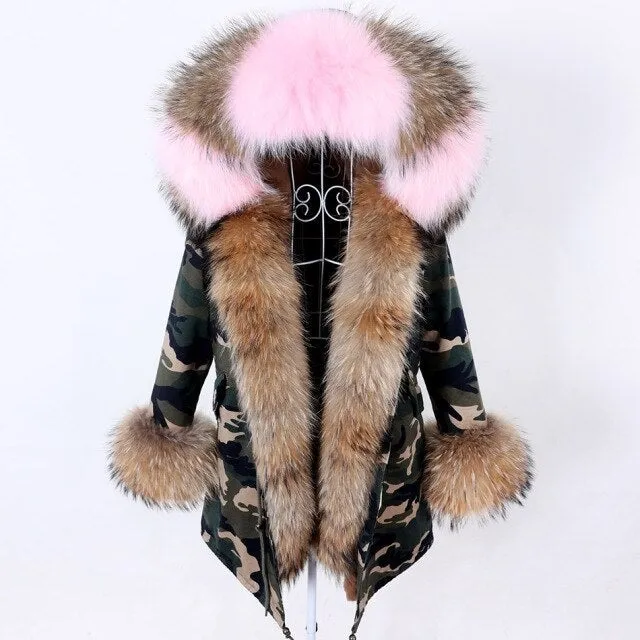 Camo Pattern Women's Natural Real Fur Collared Coat Parka Jacket for Winter