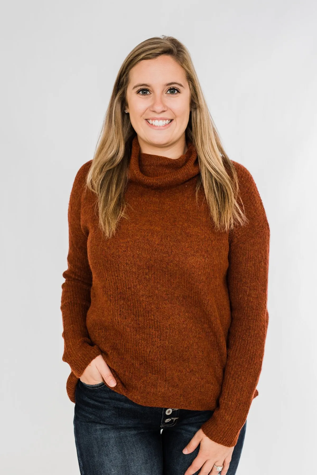 Cuddle By The Campfire Cowl Neck Sweater- Rust