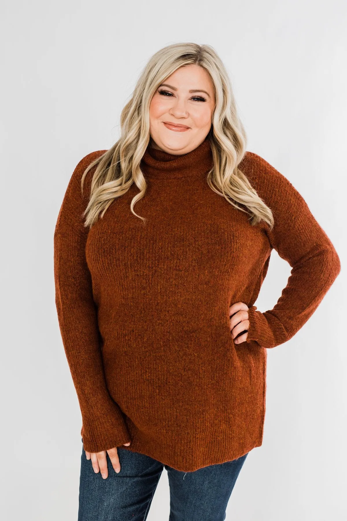 Cuddle By The Campfire Cowl Neck Sweater- Rust