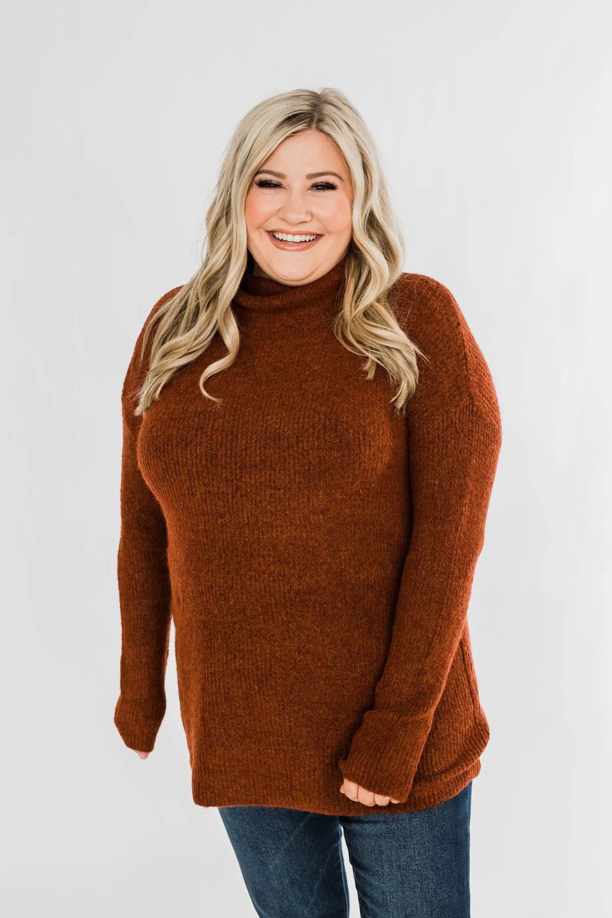 Cuddle By The Campfire Cowl Neck Sweater- Rust