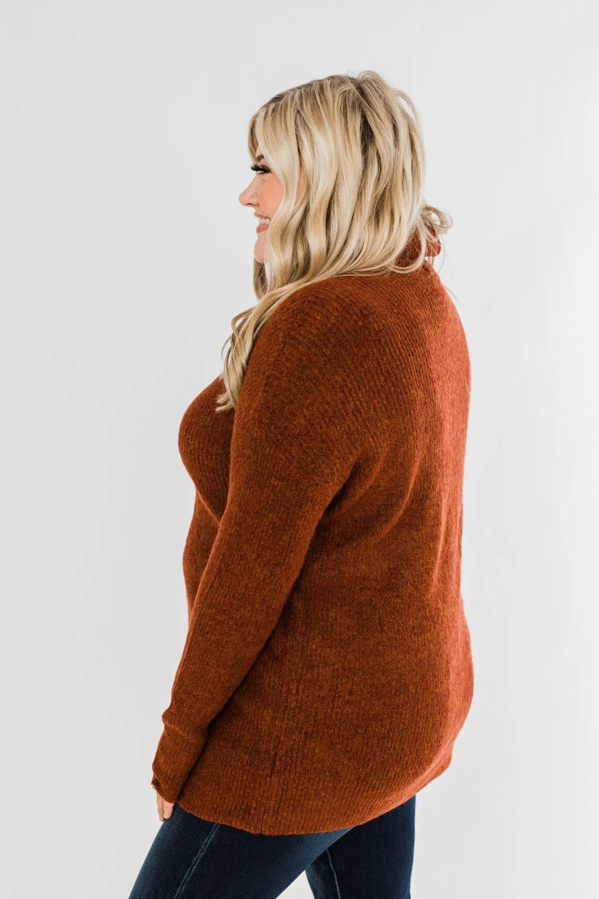 Cuddle By The Campfire Cowl Neck Sweater- Rust