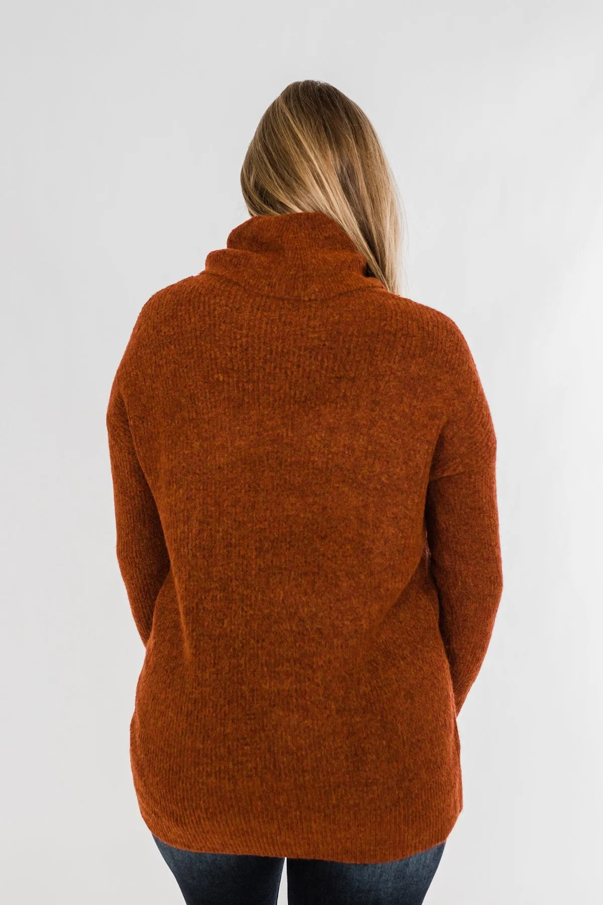 Cuddle By The Campfire Cowl Neck Sweater- Rust