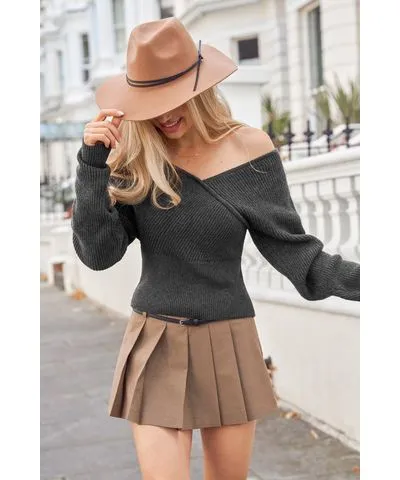 Cupshe Charcoal Off-Shoulder Long Sleeve Sweater