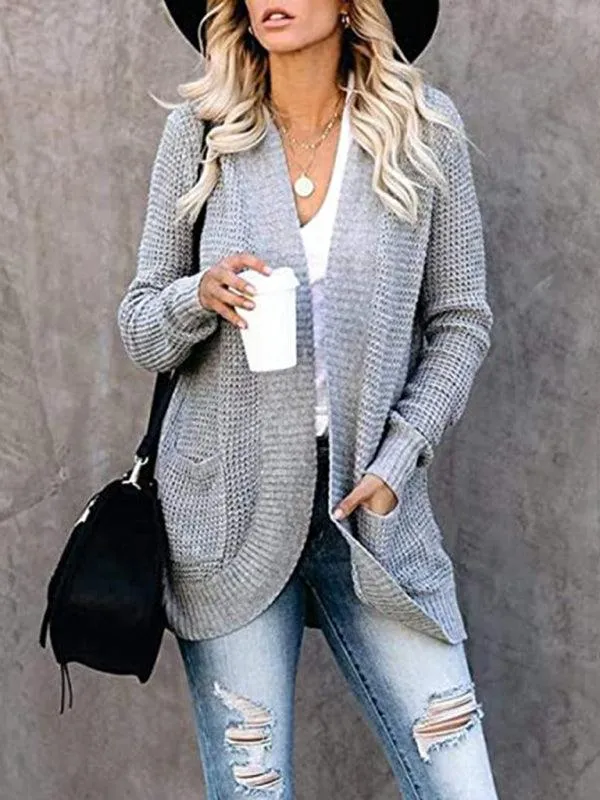 Curved Placket Large Pocket Women Cardigan Sweater