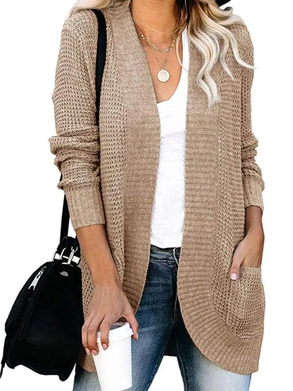 Curved Placket Large Pocket Women Cardigan Sweater