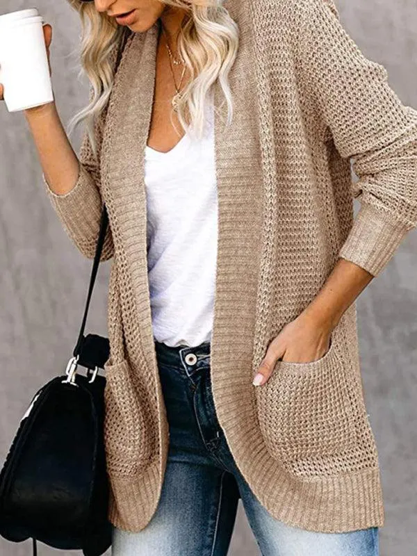 Curved Placket Large Pocket Women Cardigan Sweater