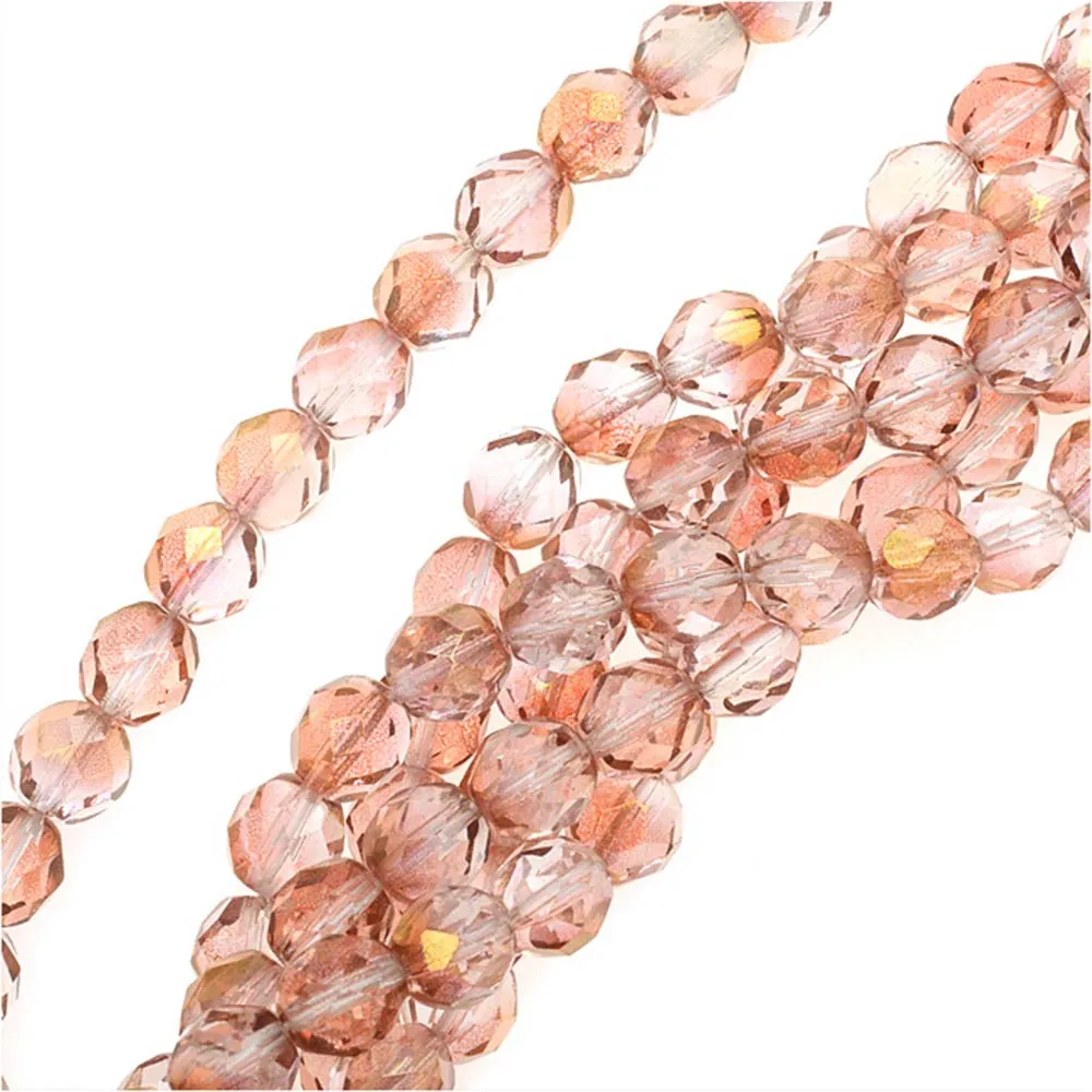 Czech Fire Polished Glass Beads 6mm Round 1/2 Coat Luster - Crystal/Rose (25 pcs)