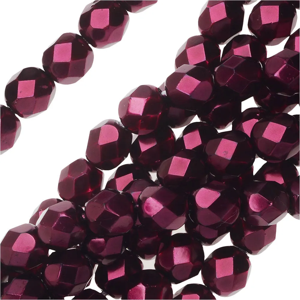 Czech Fire Polished Glass Beads 6mm Round Full Pearlized - Garnet (1 Strand)