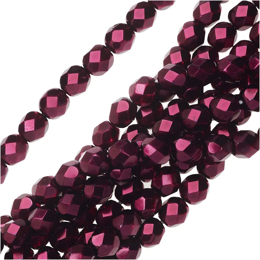 Czech Fire Polished Glass Beads 6mm Round Full Pearlized - Garnet (1 Strand)