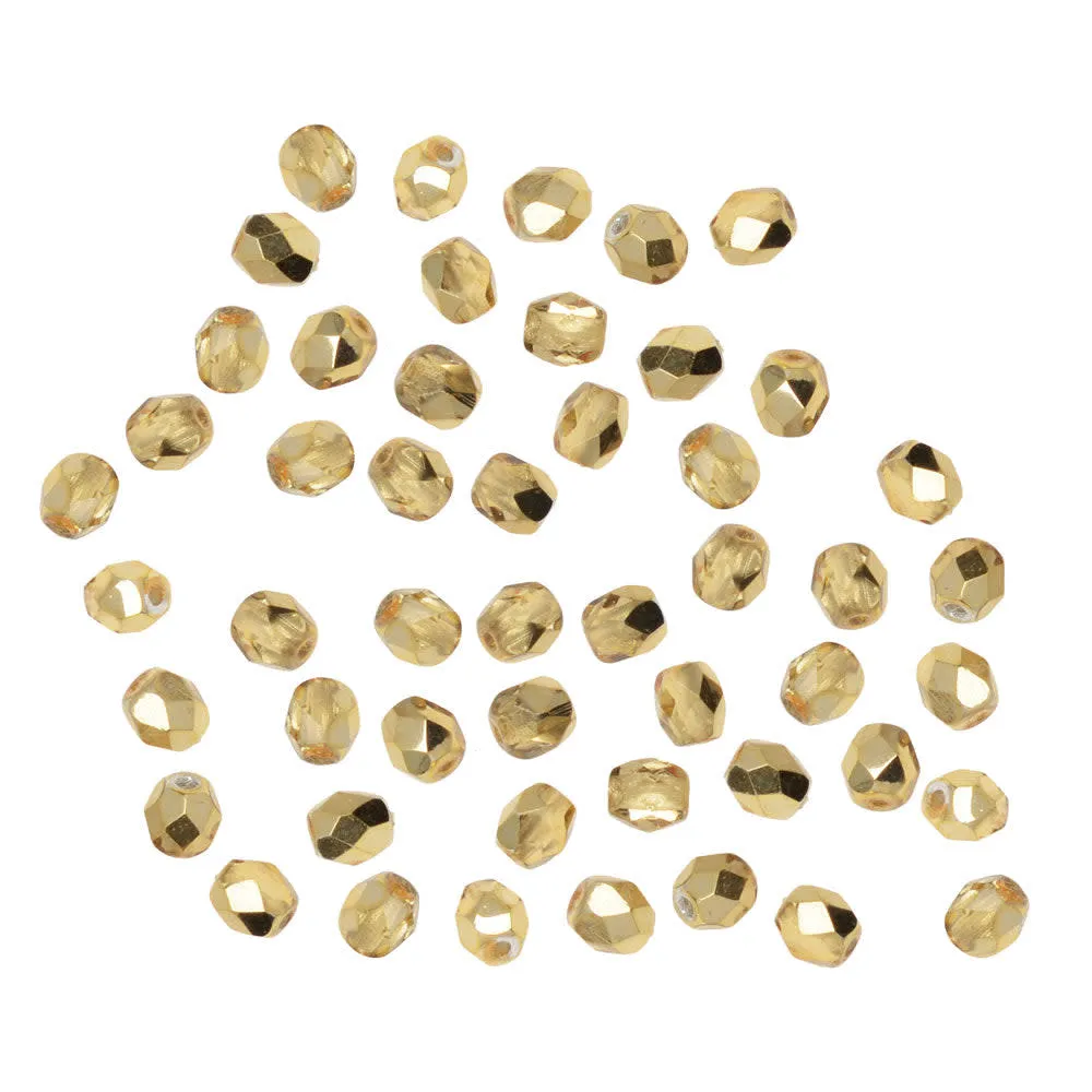 Czech Fire Polished Glass Beads, Round 4mm, Crystal Gold Half-Coat (50 Pieces)