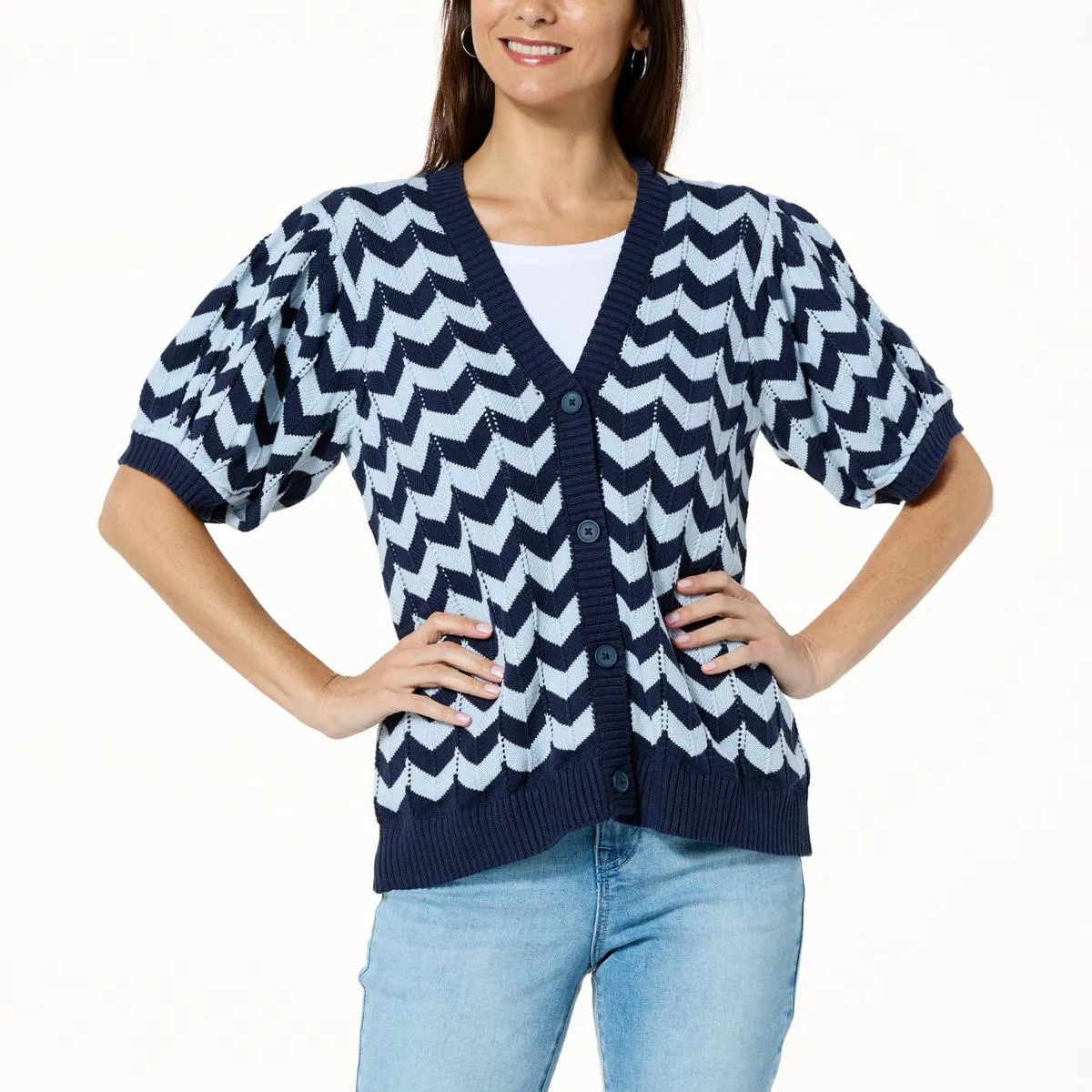      DG2 by Diane Gilman Puff-Sleeve Zig Zag Knit Cardigan     