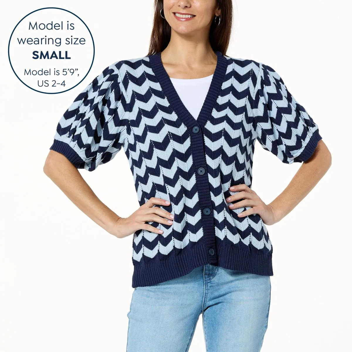      DG2 by Diane Gilman Puff-Sleeve Zig Zag Knit Cardigan     