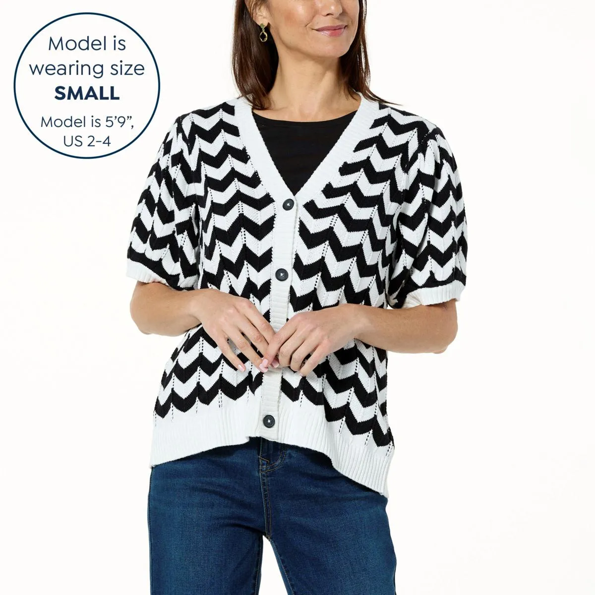      DG2 by Diane Gilman Puff-Sleeve Zig Zag Knit Cardigan     