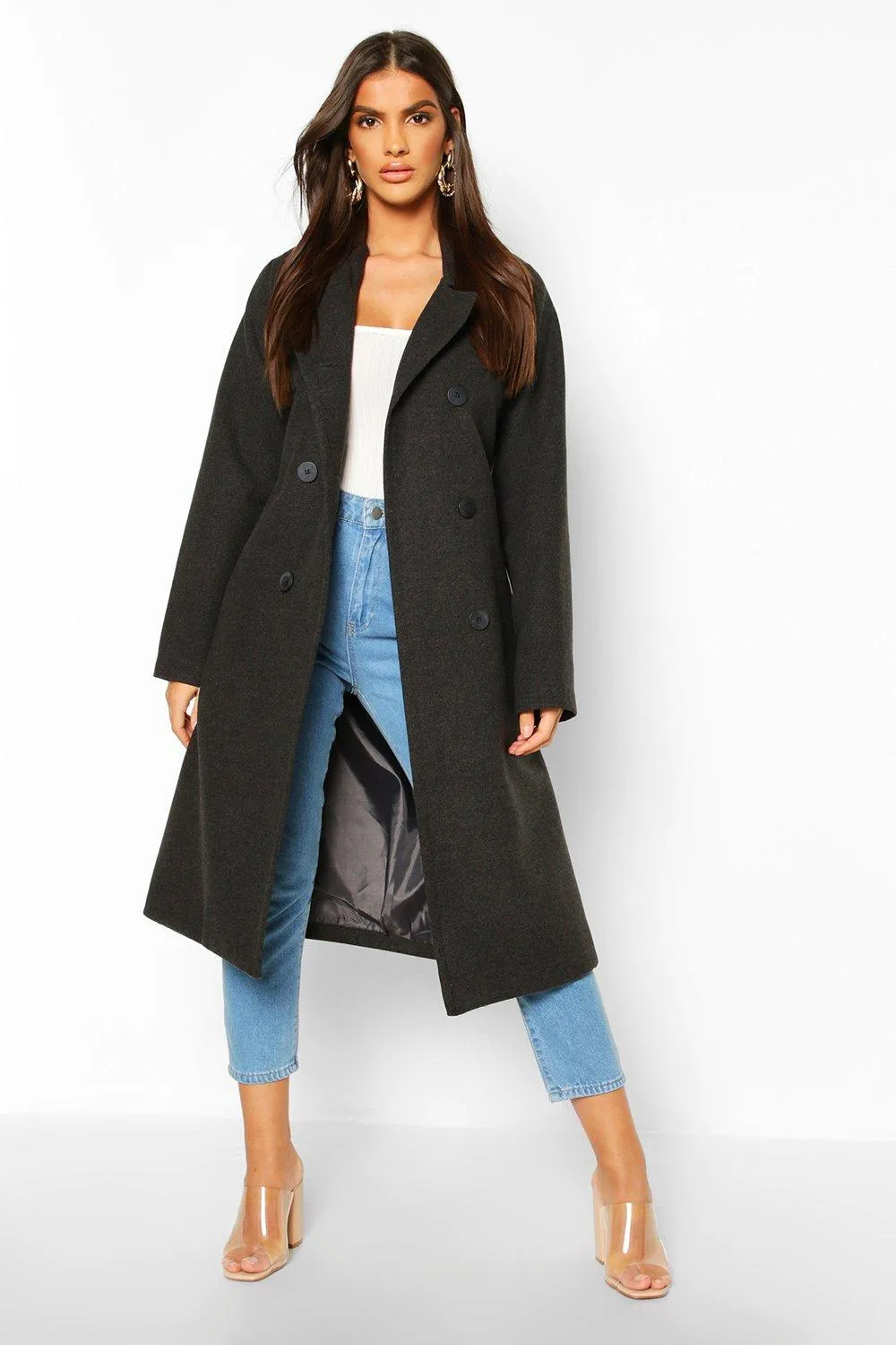 Double Breasted Belted Wool Look Coat