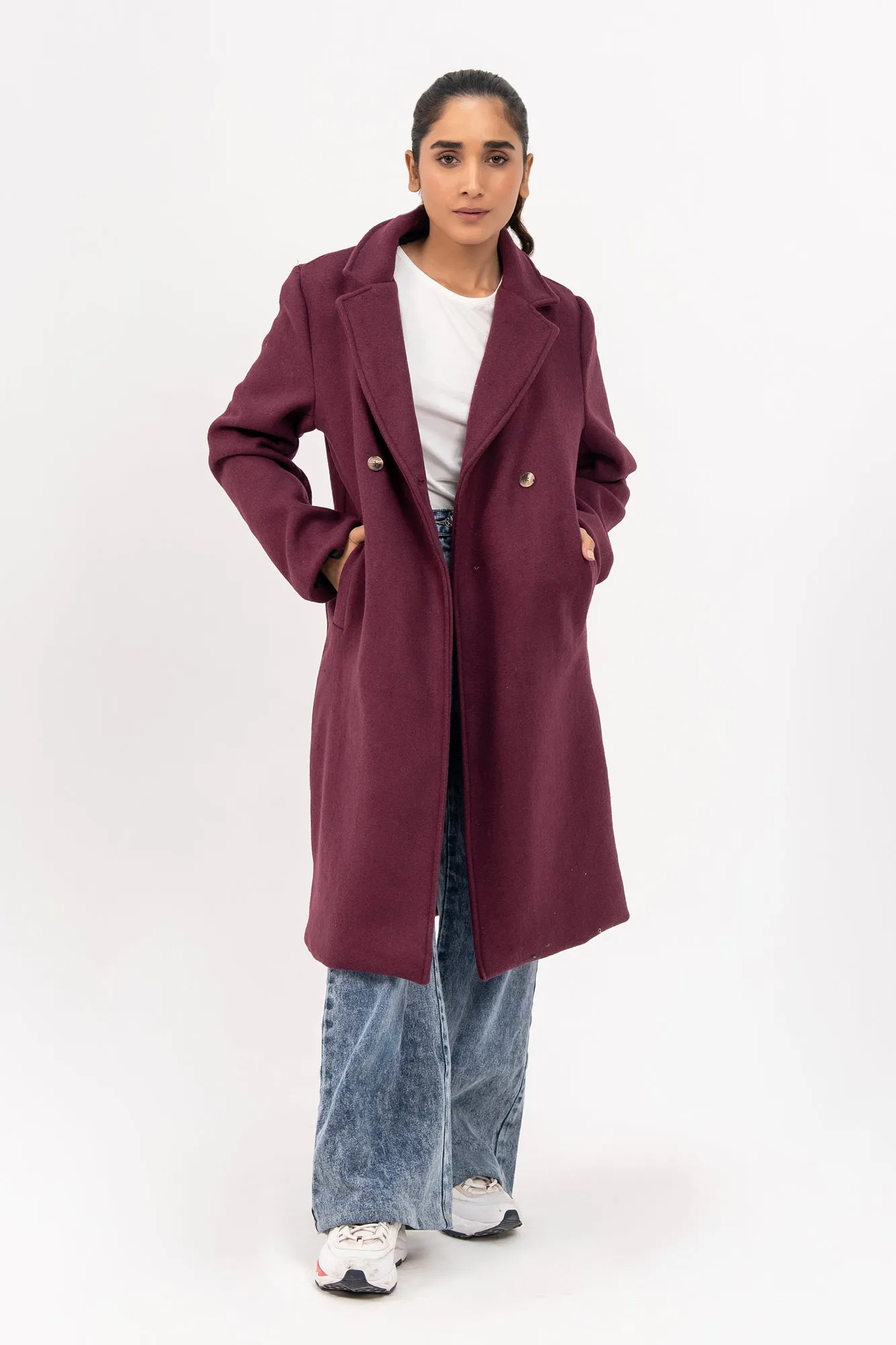 Double Breasted Wool Coat - Plum