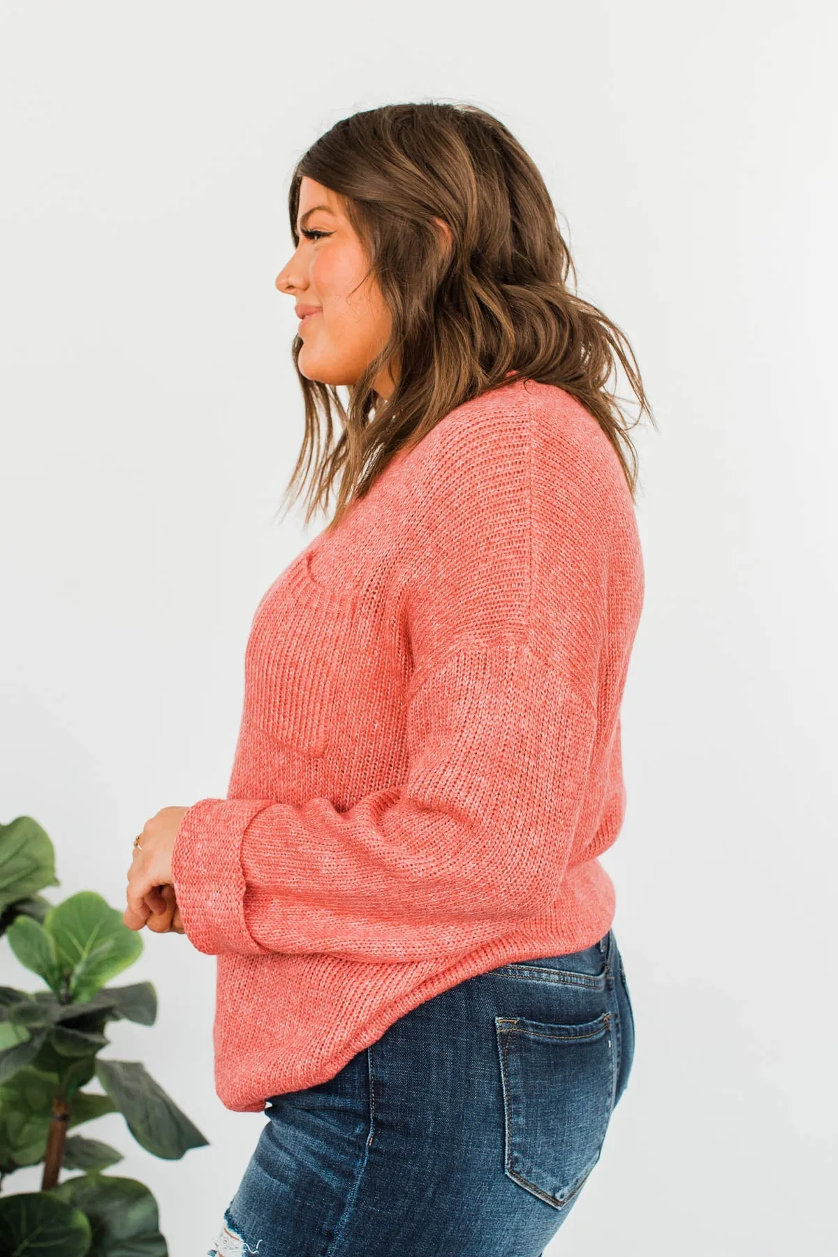 Endlessly Cozy Knit Pocket Sweater- Coral