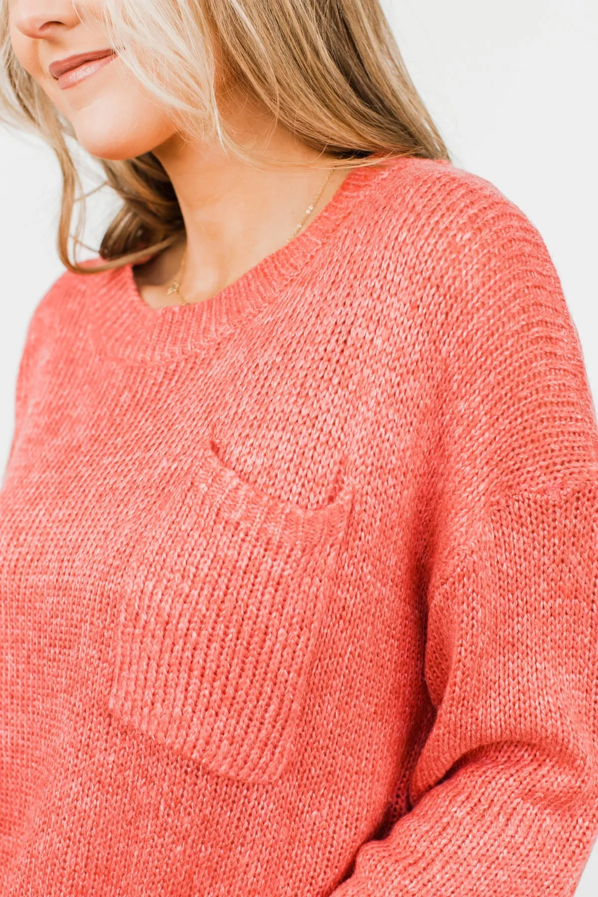 Endlessly Cozy Knit Pocket Sweater- Coral