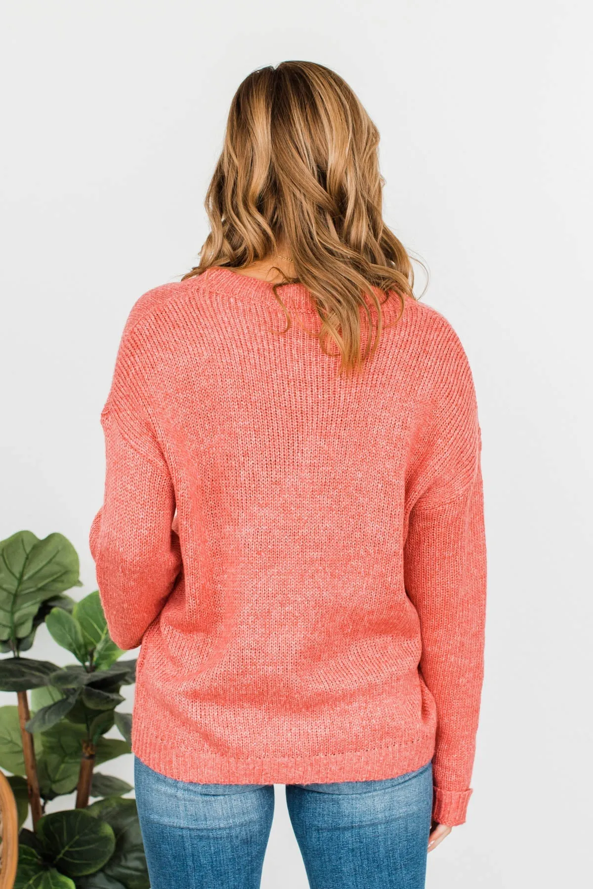 Endlessly Cozy Knit Pocket Sweater- Coral