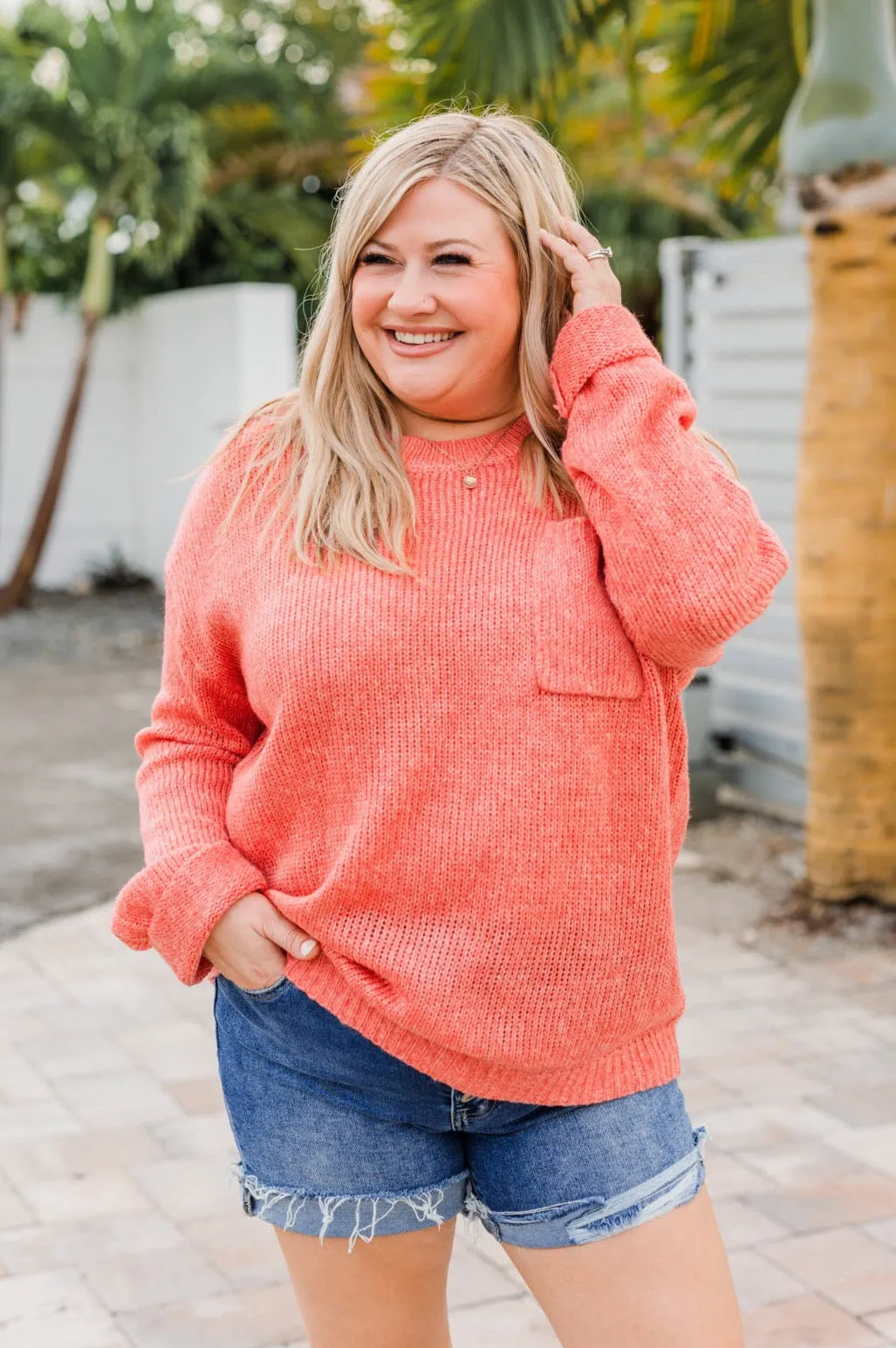 Endlessly Cozy Knit Pocket Sweater- Coral