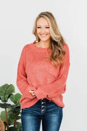 Endlessly Cozy Knit Pocket Sweater- Coral