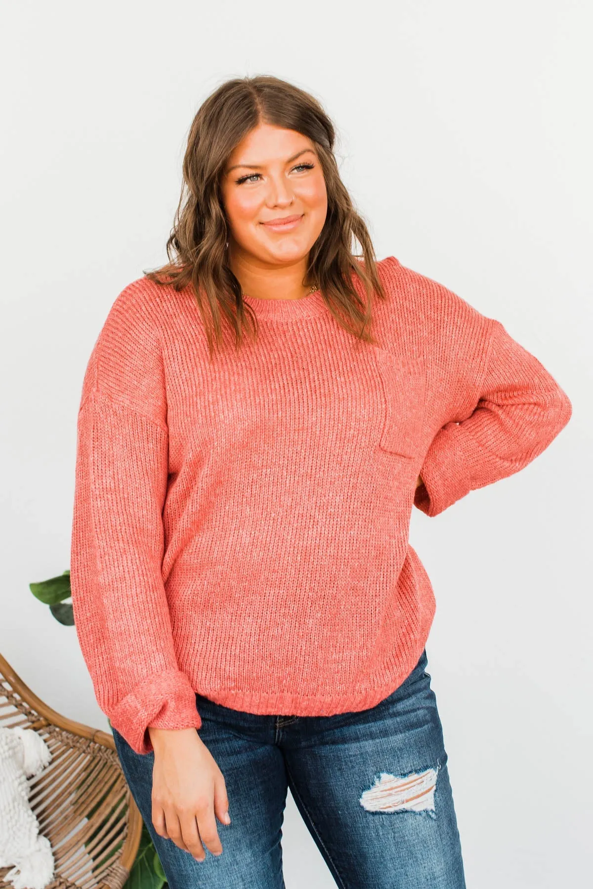 Endlessly Cozy Knit Pocket Sweater- Coral