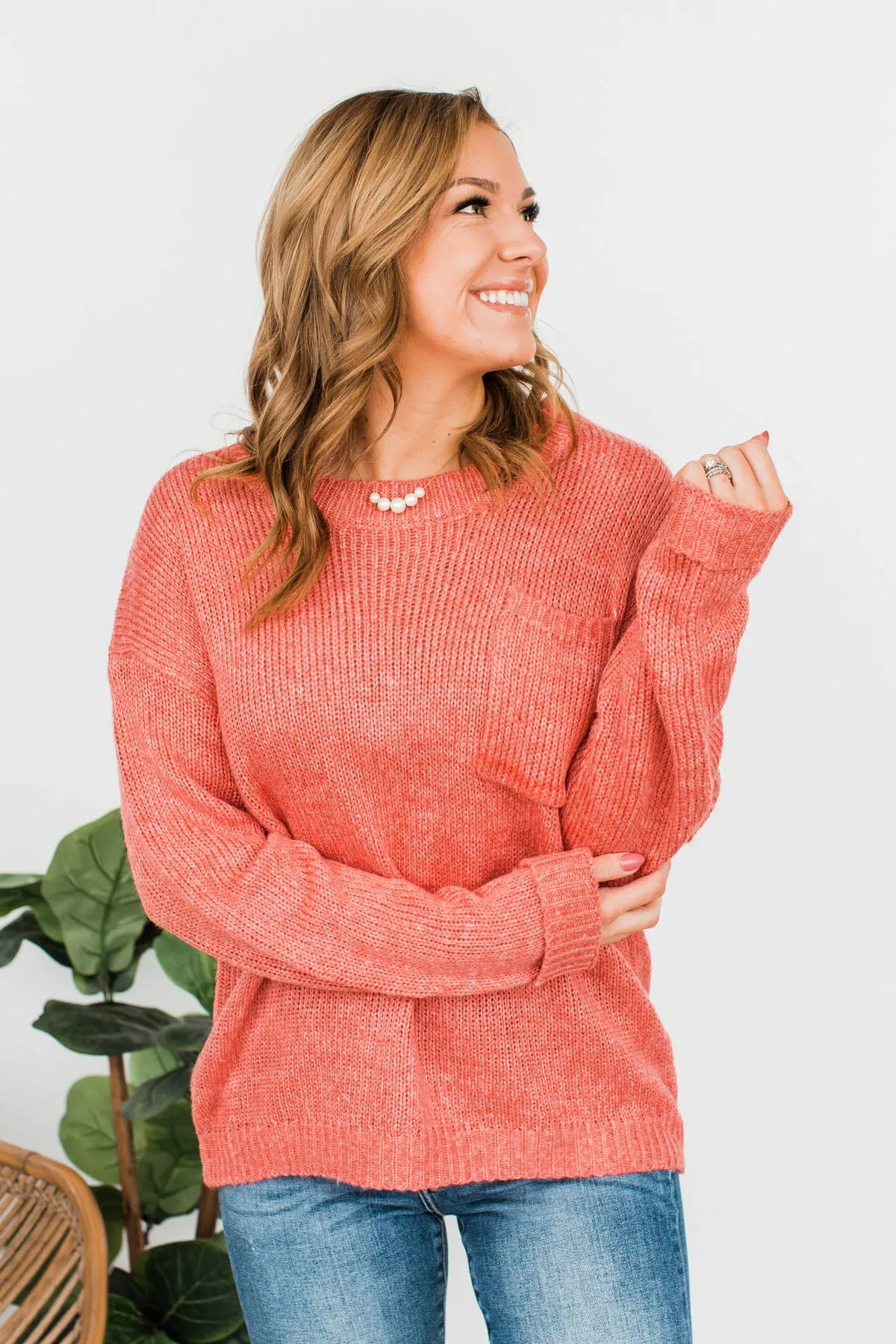 Endlessly Cozy Knit Pocket Sweater- Coral