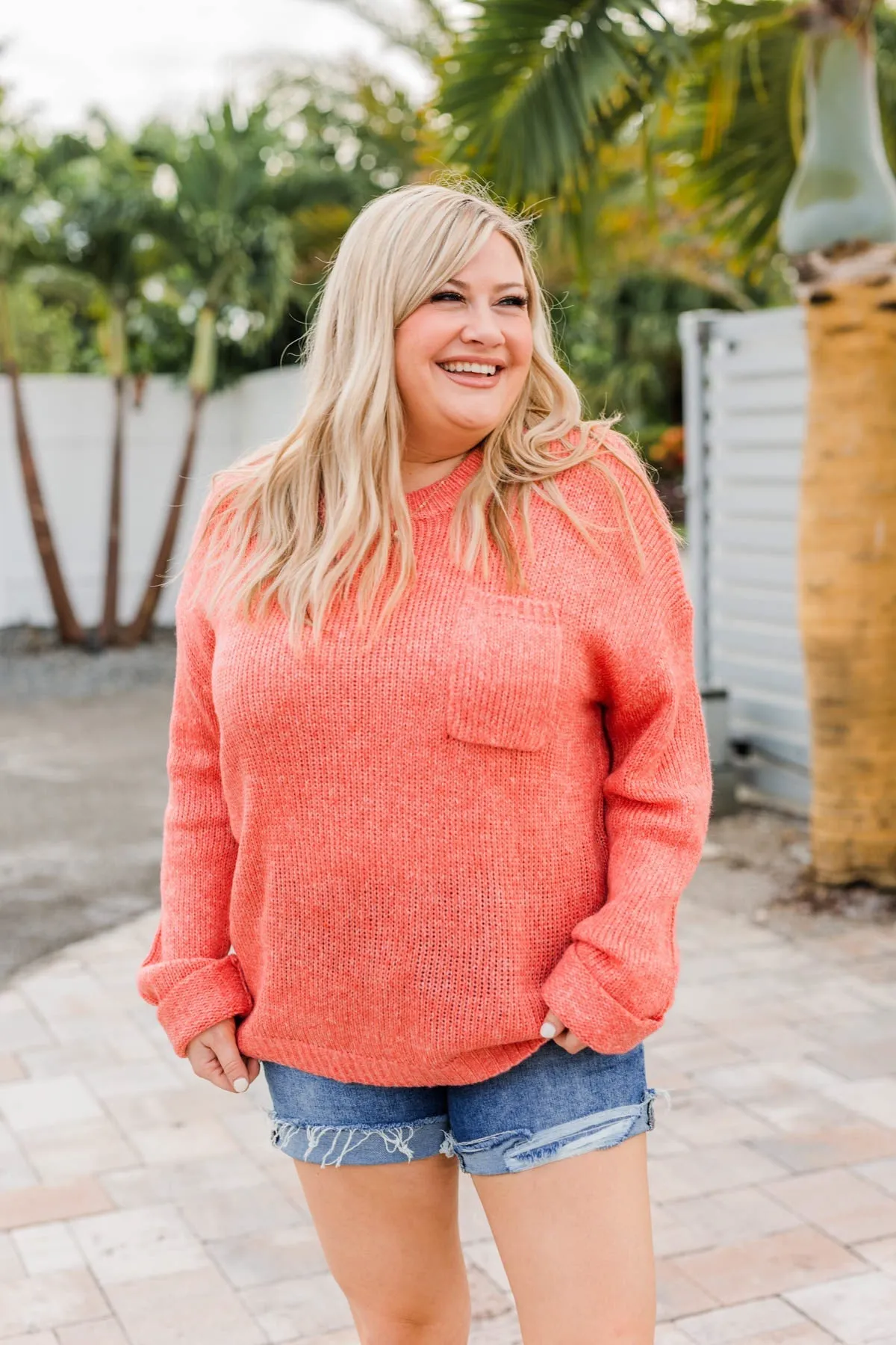 Endlessly Cozy Knit Pocket Sweater- Coral