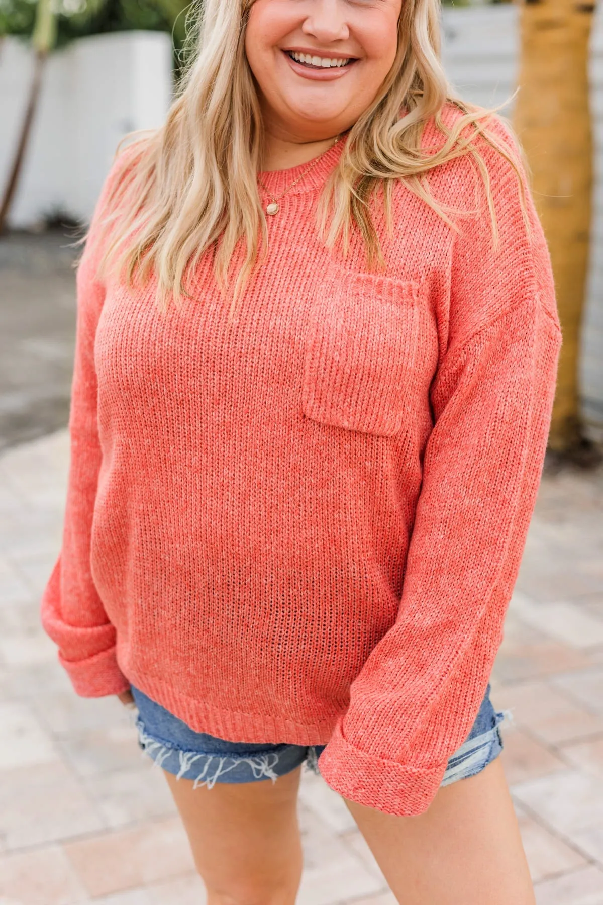 Endlessly Cozy Knit Pocket Sweater- Coral