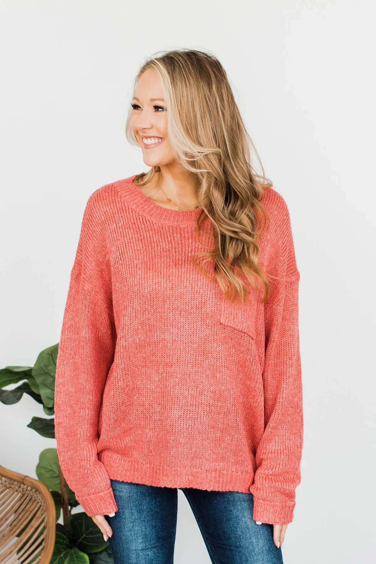 Endlessly Cozy Knit Pocket Sweater- Coral