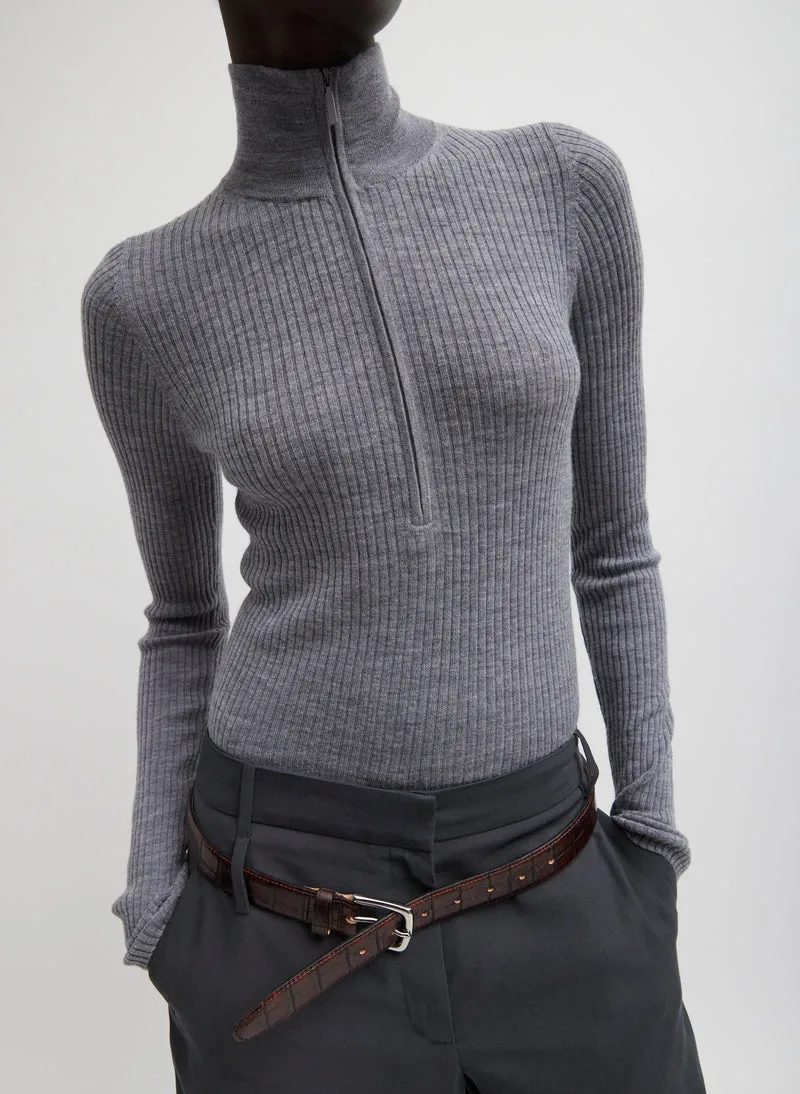 Feather Weight Ribbed Turtleneck Zip Up Sweater