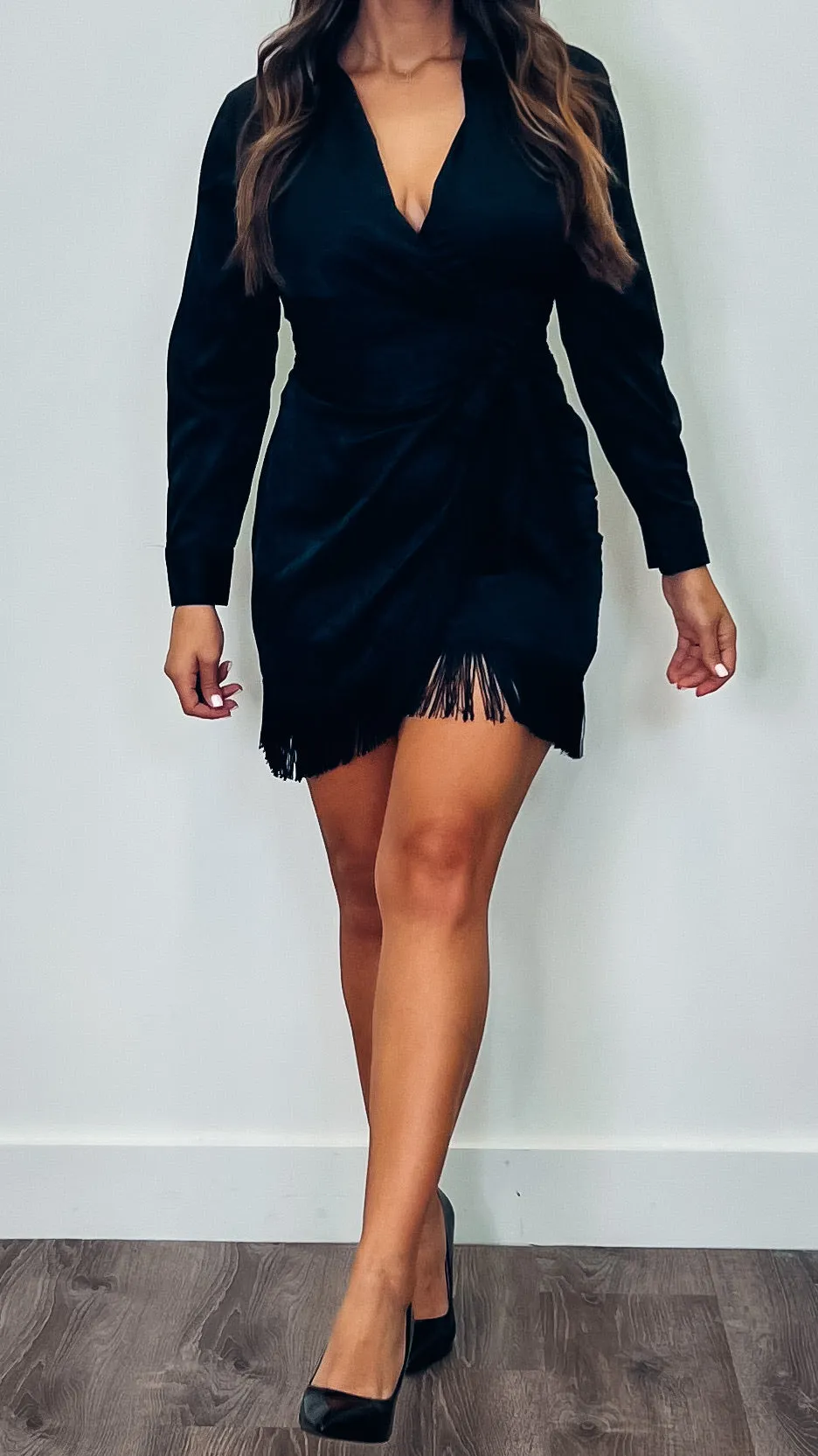 Flamenco Fringed Faux Wrapped Dress Black