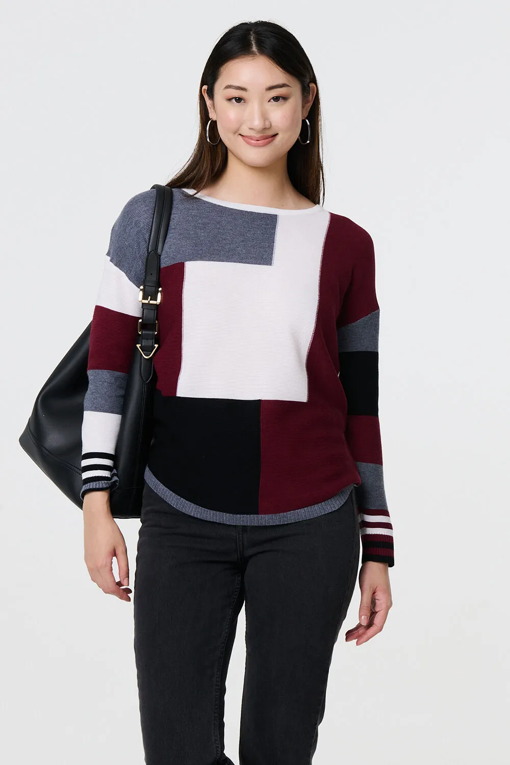 Izabel London – Colour Block Curve Hem Boat Neck Jumper