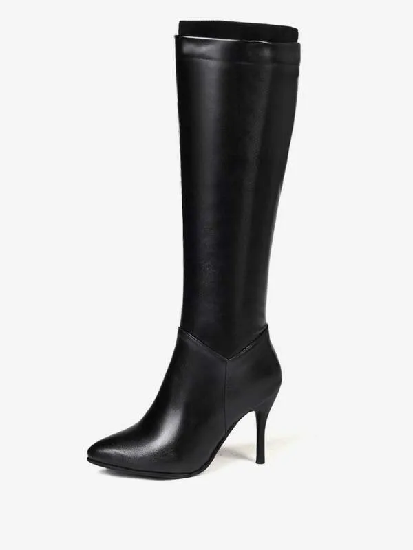 Knee High Boots Womens Solid Color Pointed Toe Stiletto Heel Boots