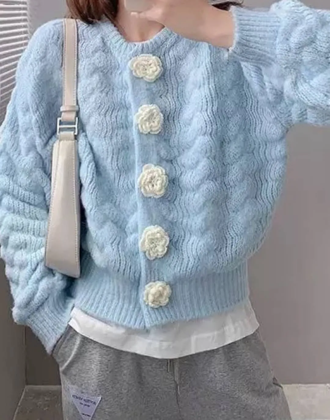 Knitted Flower Button Loose Cardigan