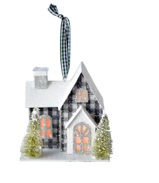 LED Light Up Buffalo Plaid House Ornament- Black