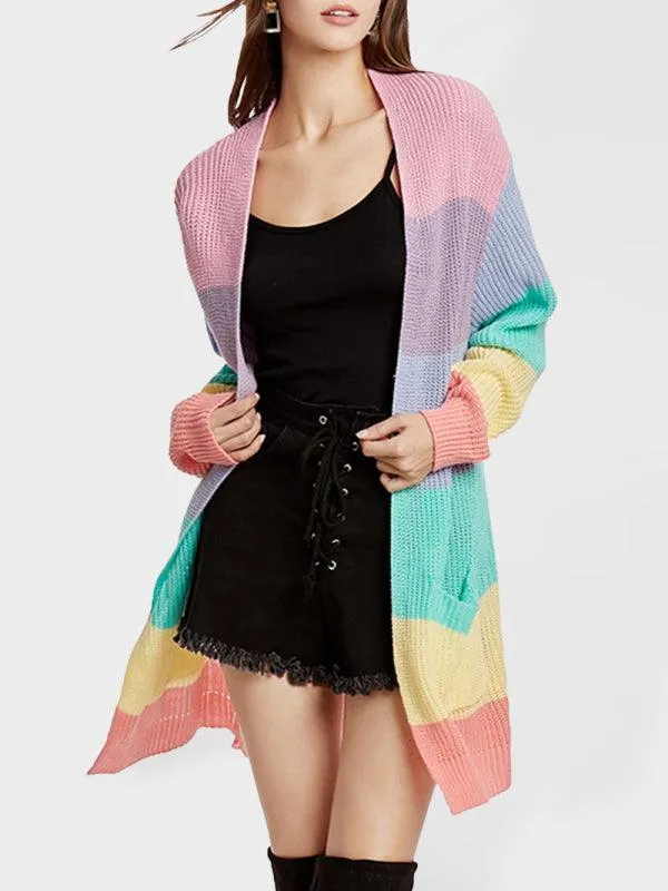 Long Rainbow Color Loose Women Cardigan Sweater