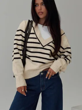 Lunarosa V Neck Sweater Cream/ Black Stripe