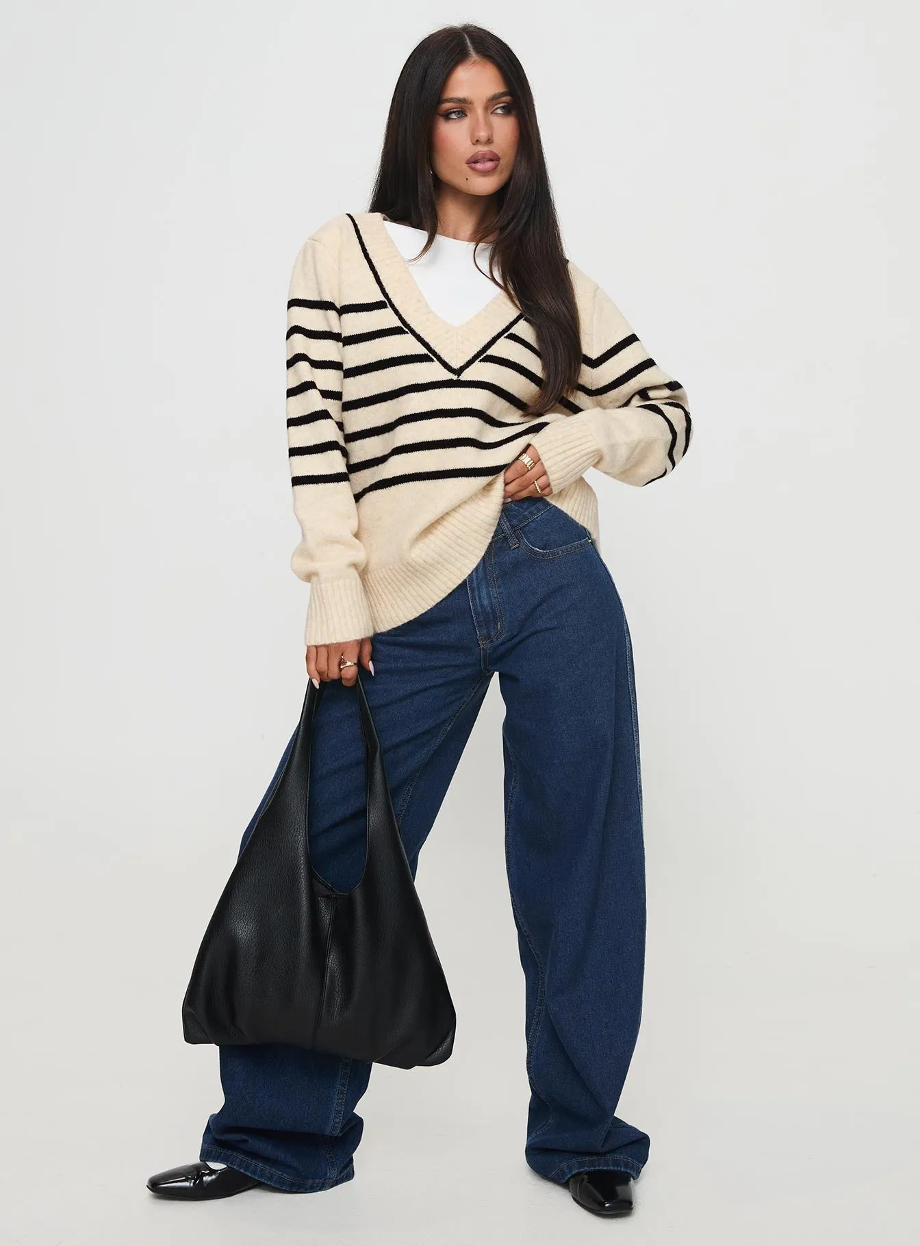 Lunarosa V Neck Sweater Cream/ Black Stripe