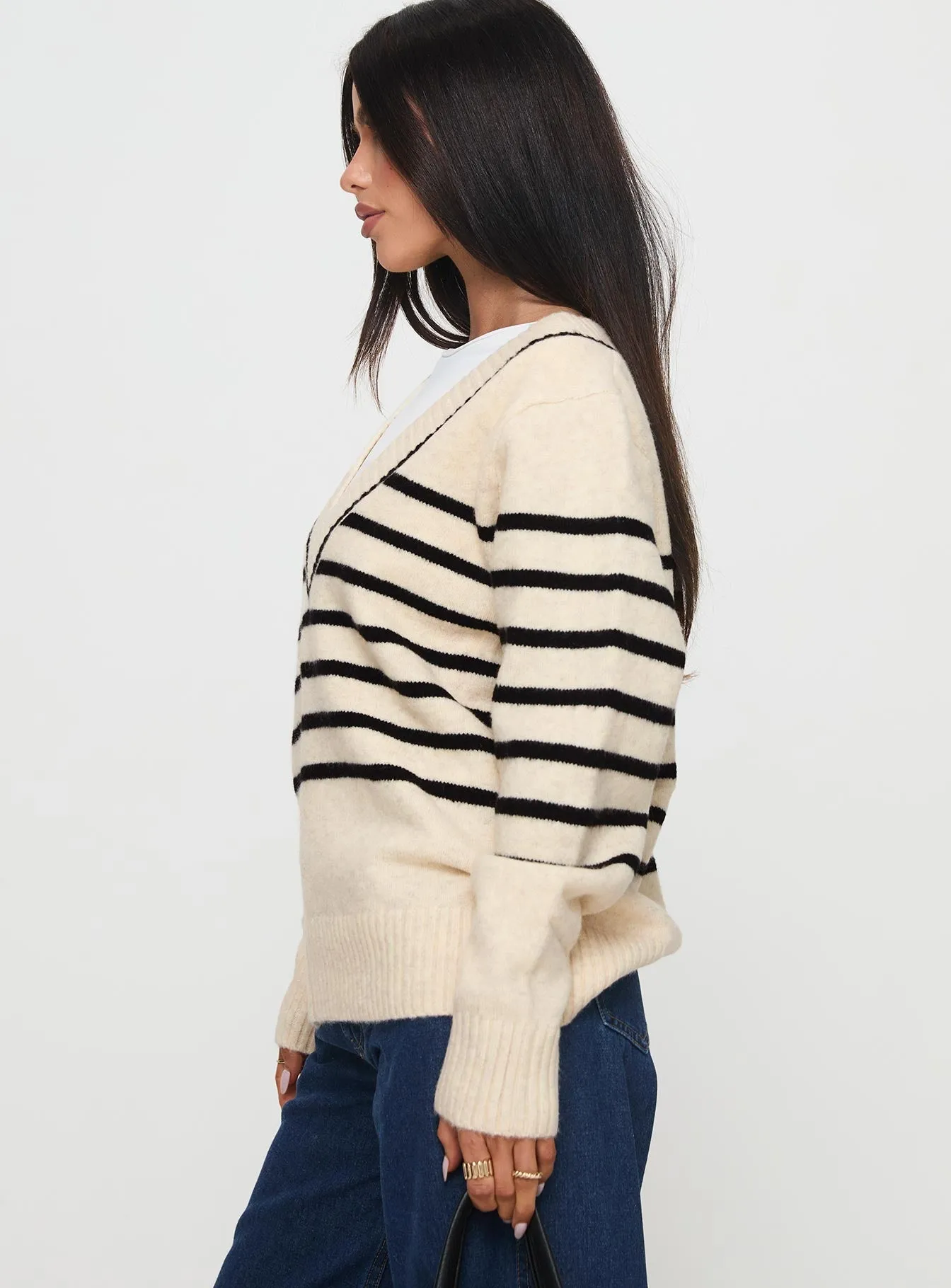 Lunarosa V Neck Sweater Cream/ Black Stripe