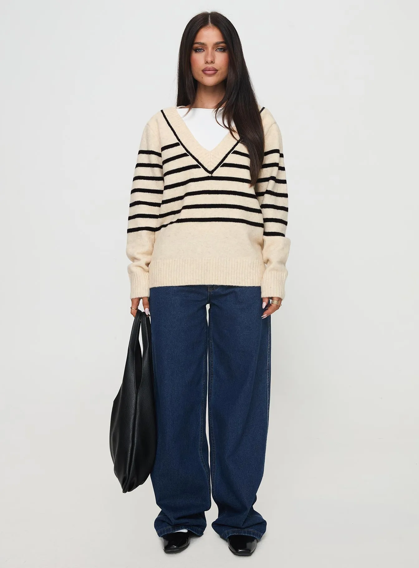 Lunarosa V Neck Sweater Cream/ Black Stripe