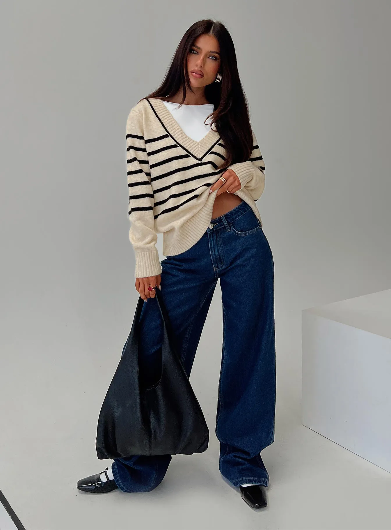 Lunarosa V Neck Sweater Cream/ Black Stripe