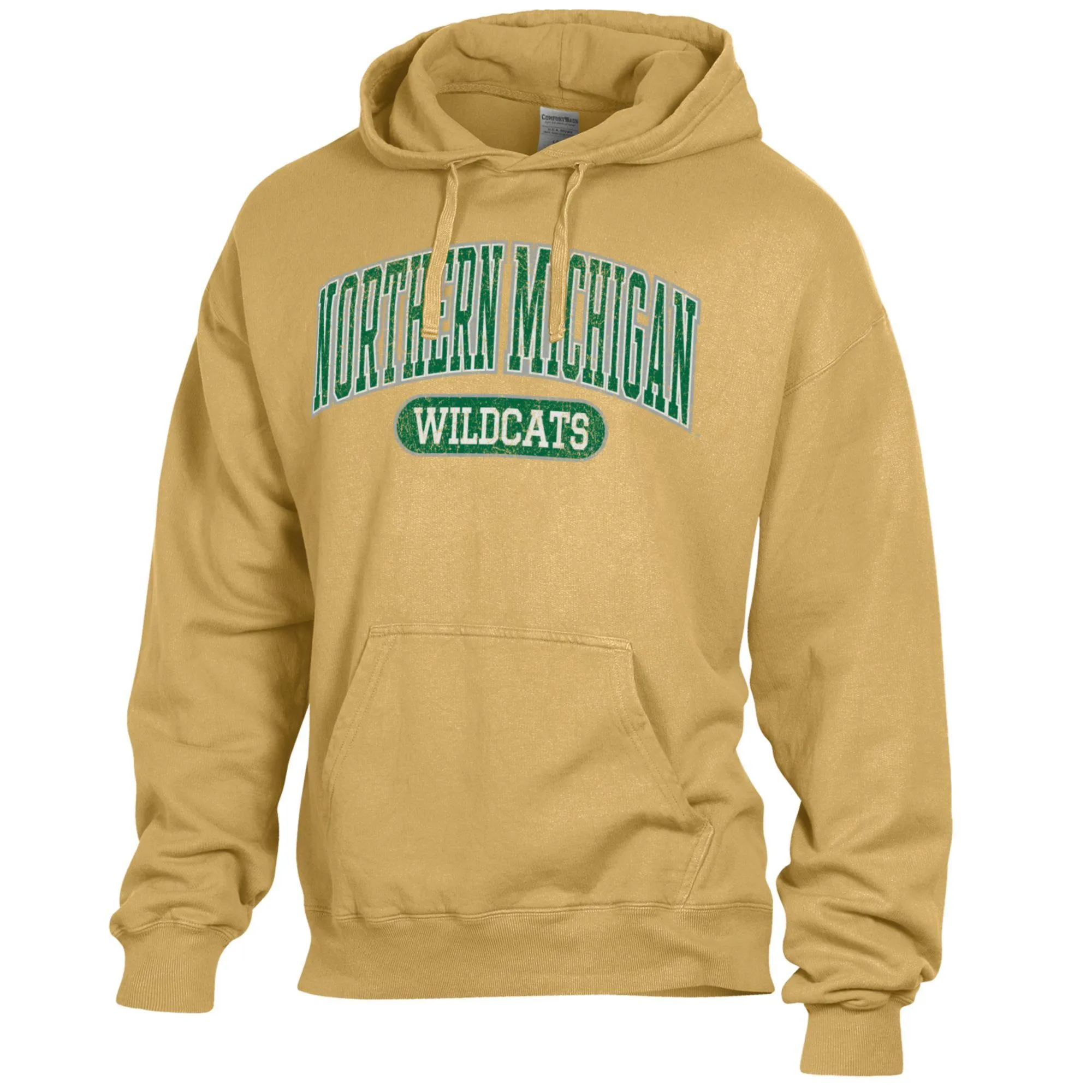 Men's Comfort Wash  Gold Northern Michigan Wildcats Lightweight Fleece Pullover Hoodie